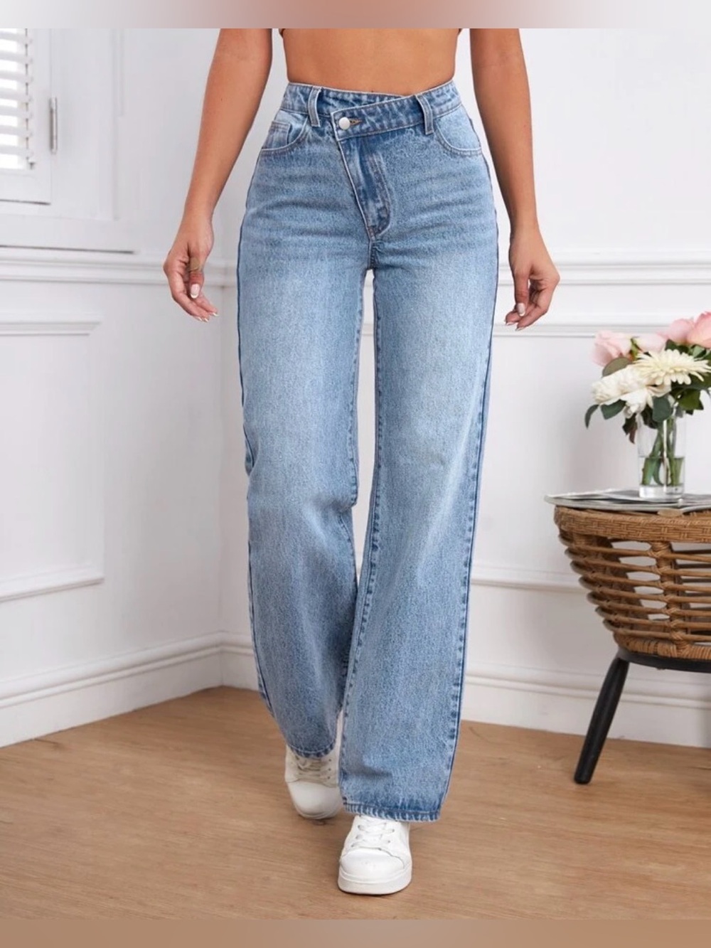 SHEIN Light Blue High-Waist Wide Leg Jeans